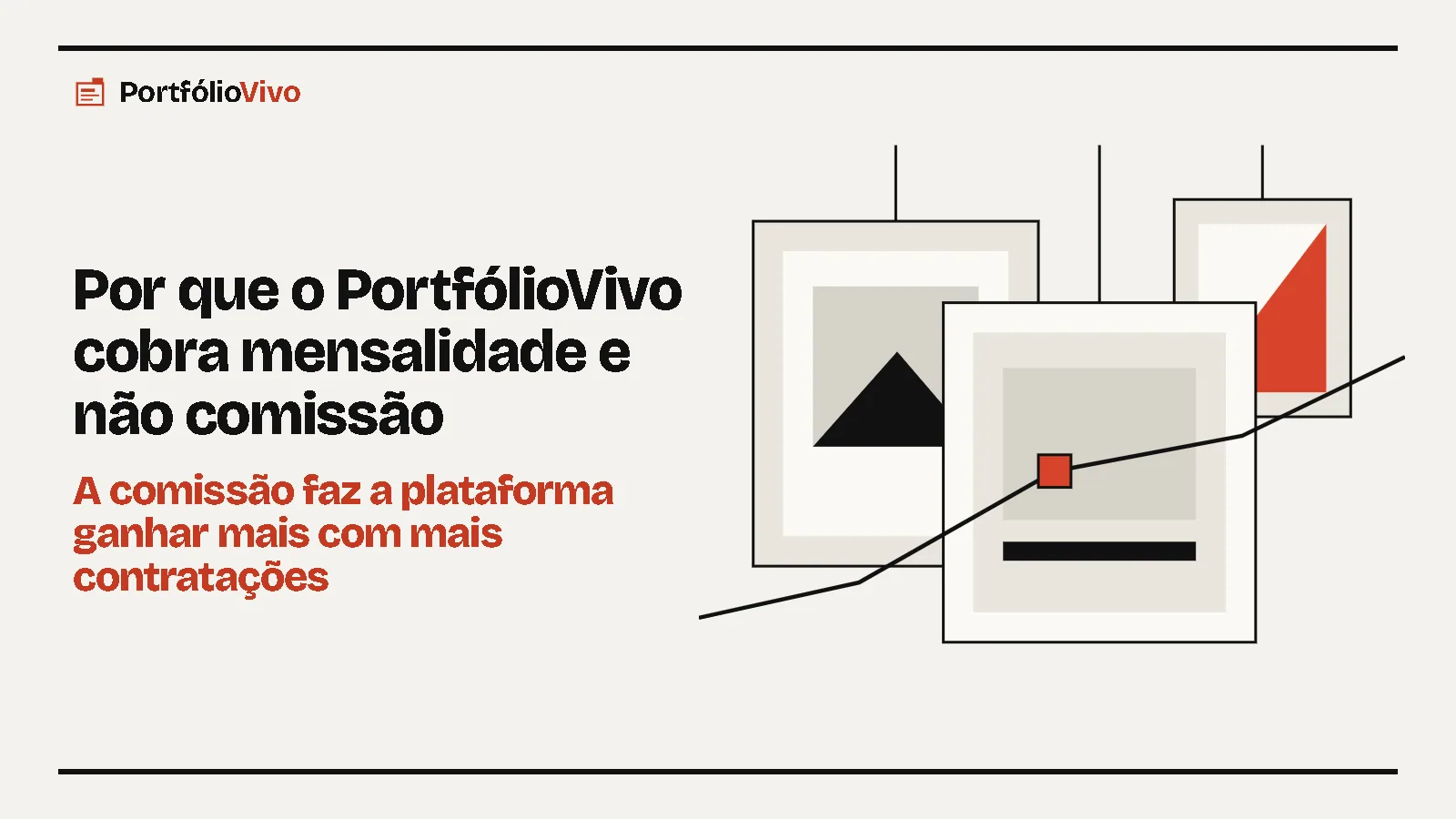 Por que o PortfólioVivo cobra mensalidade e não comissão: A comissão faz a plataforma ganhar mais com mais contratações. Ilustração: molduras penduradas do PortfólioVivo.